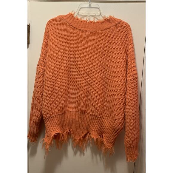Main Strip Sweater Womens Medium Coral Shredded Waffle Knit Cropped - Picture 2 of 3